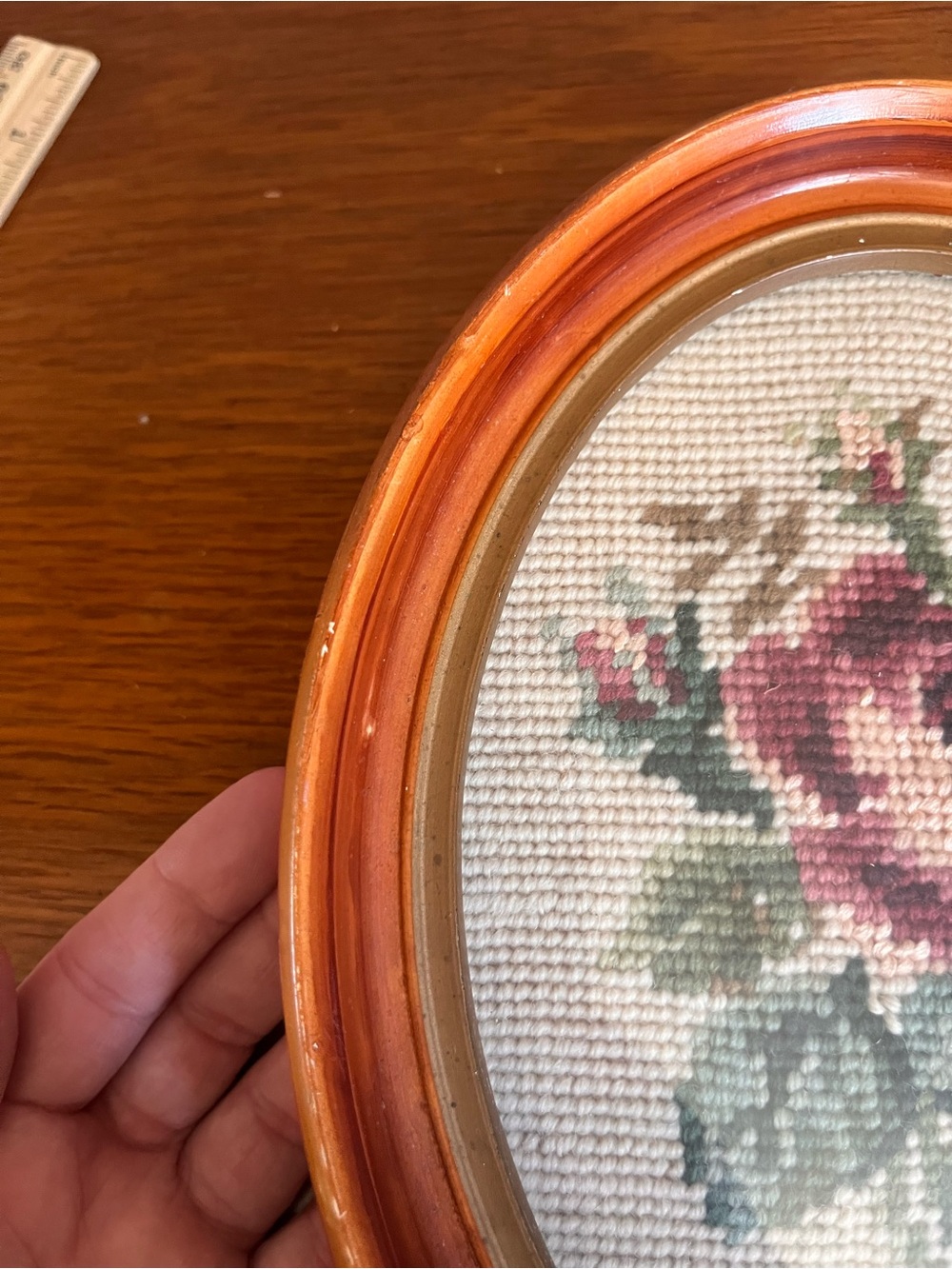 Vintage Floral Needlepoint in Wood and Brass Frame - Picture 7 of 7